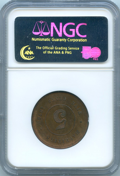 モーリシャス ヴィクトリア女王 1878年 5セント 銅貨 NGC PF65BN