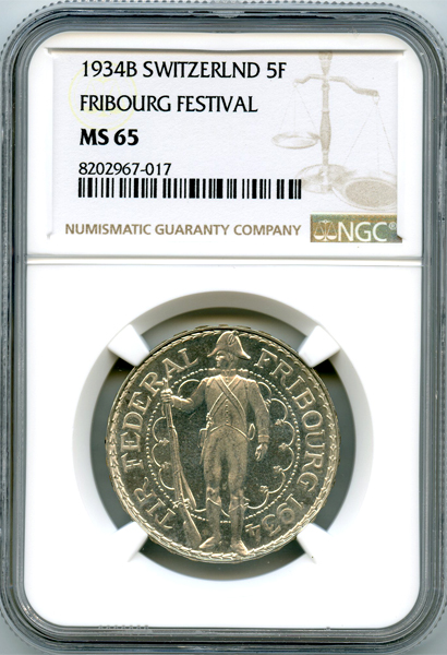 スイス フリブール 射撃祭 1934B 5フラン 銀貨 NGC MS65 | ARK